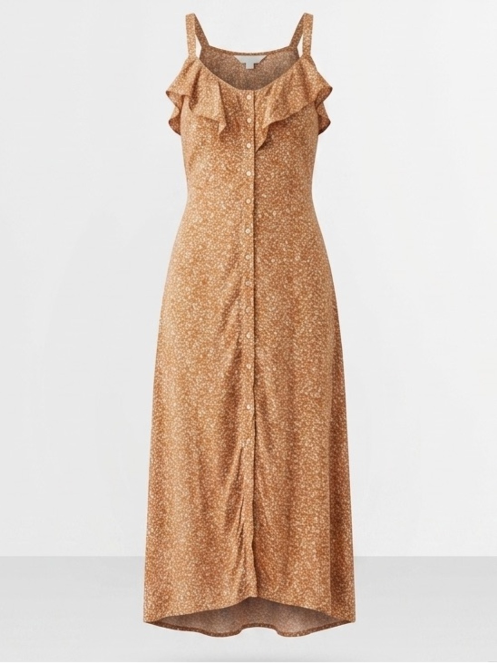 Ruffled Button-Front Maxi Dress in Warm Tan Floral